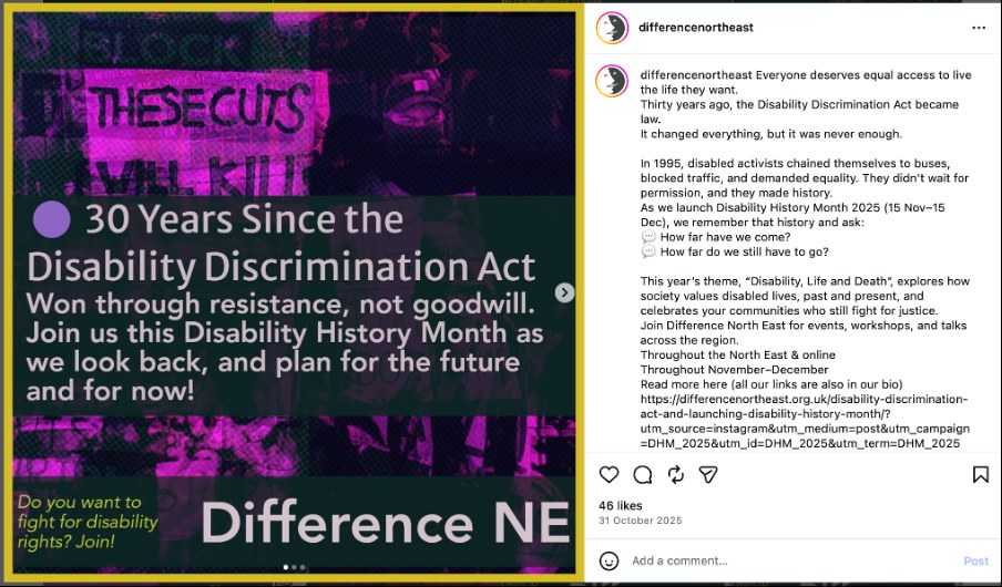Screenshot of Difference North East social media post marking 30 years since the Disability Discrimination Act, overlaid on a photo of disabled protesters.