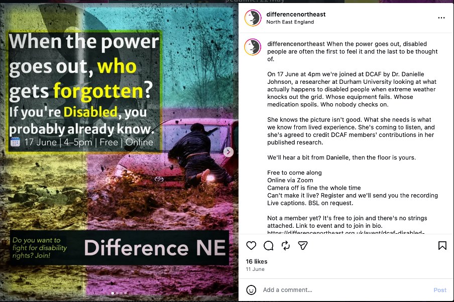 Screenshot of Difference North East campaign graphic about disabled people's experiences of power cuts.