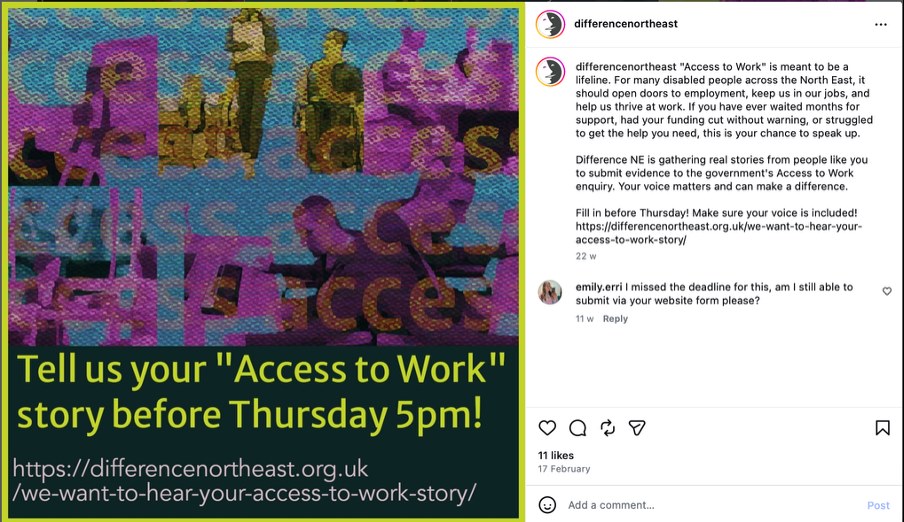 Screenshot of Difference North East social media post about our response to the Public Accounts Committee inquiry into Access to Work.