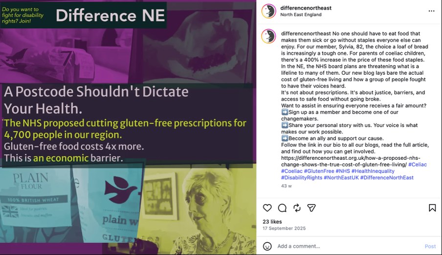 Screenshot of Difference North East campaign graphic about NHS proposals to cut gluten-free prescriptions.