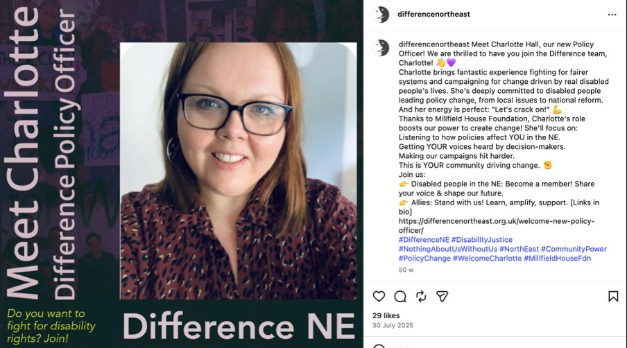 Screenshot of Difference North East social media post announcing Charlotte Hall as the charity's new policy officer.