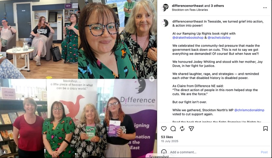 Screenshot of Difference North East social media post about the Ramping Up Rights event at a bookshop.