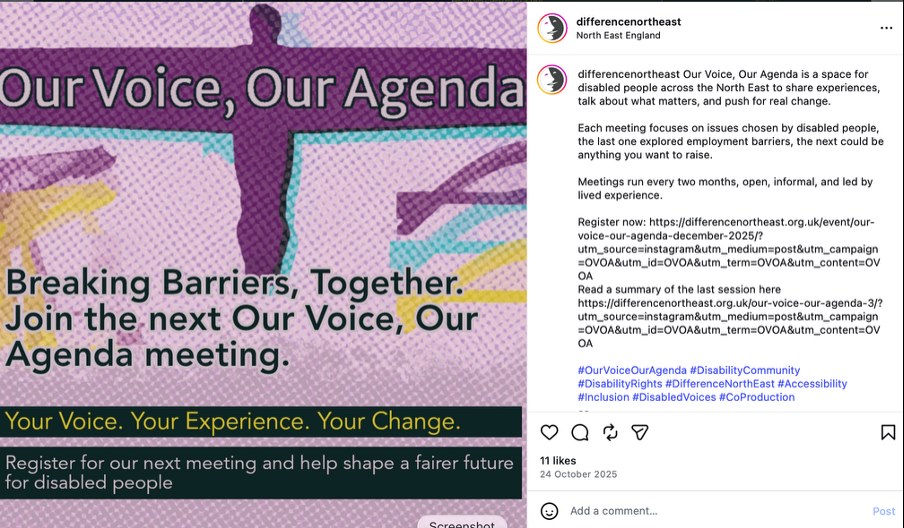 Screenshot of Difference North East social media post launching the Our Voice, Our Agenda regional voice group.