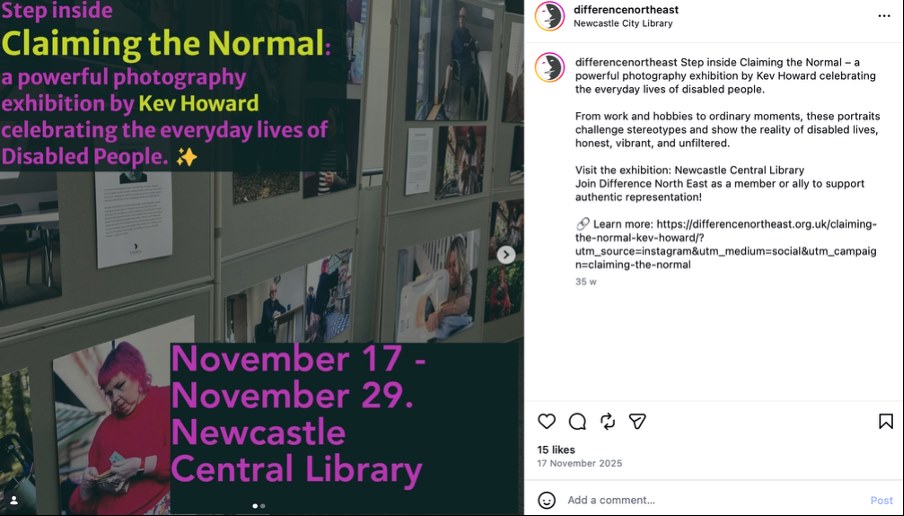 Screenshot of Difference North East social media post promoting the Claiming the Normal photography exhibition at Newcastle Central Library.