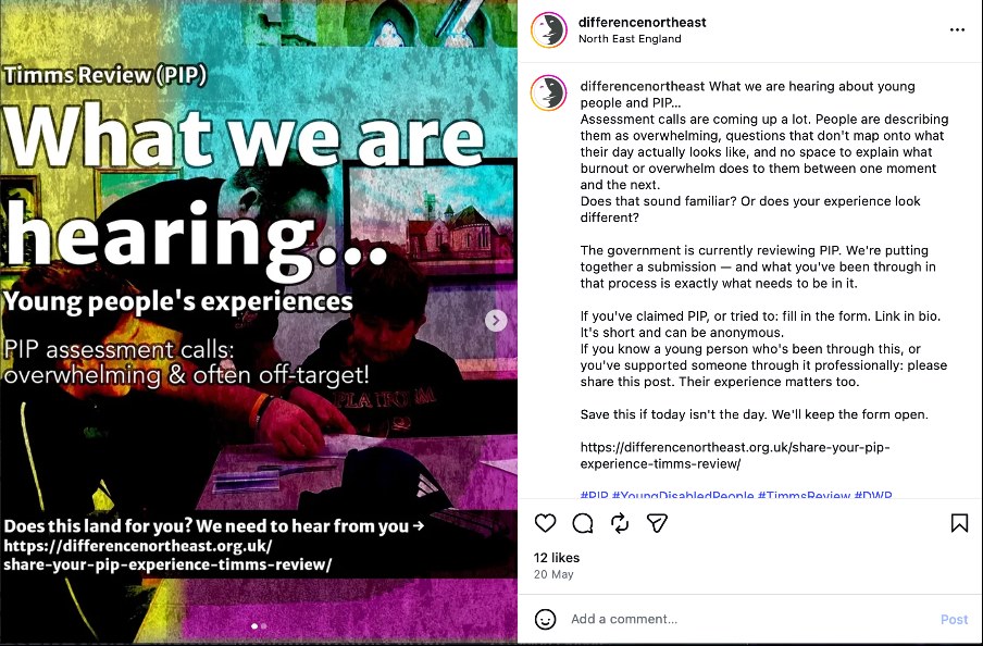 Screenshot of Difference North East campaign graphic about disabled young people's experiences of Personal Independence Payment assessments.