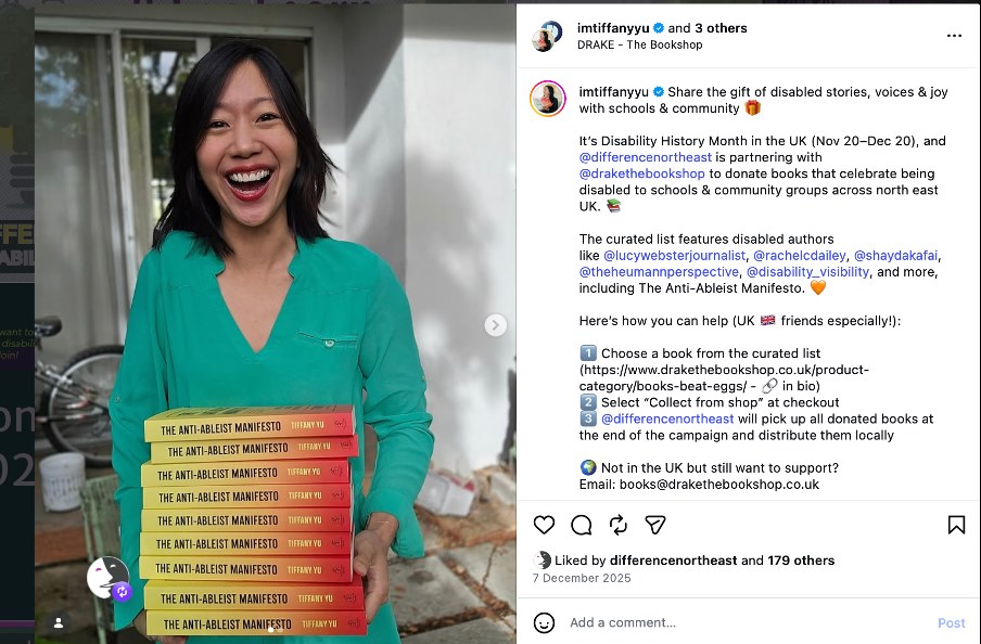 Screenshot of social media post about disability books donated for Disability History Month.