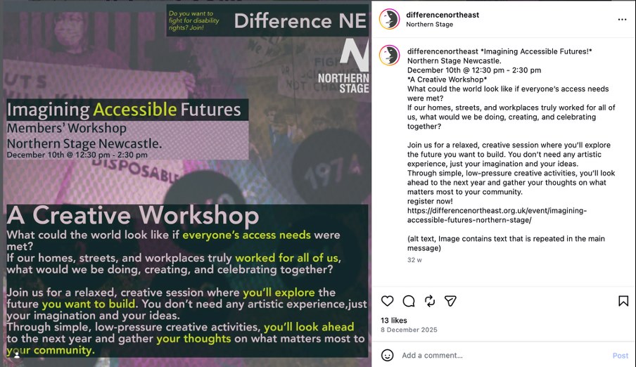 Screenshot of Difference North East social media post about the Imagining Accessible Futures members' workshop at Northern Stage, Newcastle.