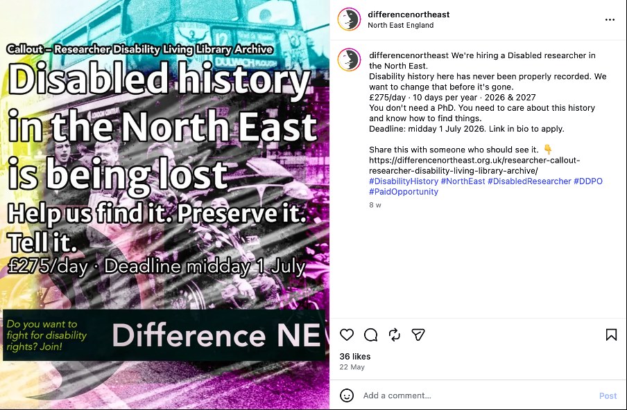 Screenshot of Difference North East social media post about lived experience experts helping to keep disability heritage alive.
