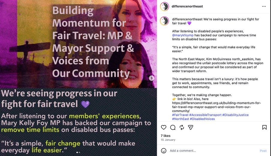 Campaign graphic titled Building Momentum for Fair Travel: MP & Mayor Support & Voices from Our Community. It shows a photo of a woman and states that Mary Kelly Foy MP has backed the campaign to remove time limits on disabled bus passes.