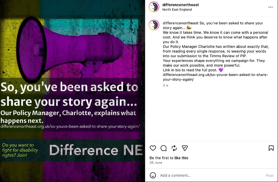 Screenshot of Difference North East social media post explaining what happens after members share their experiences.