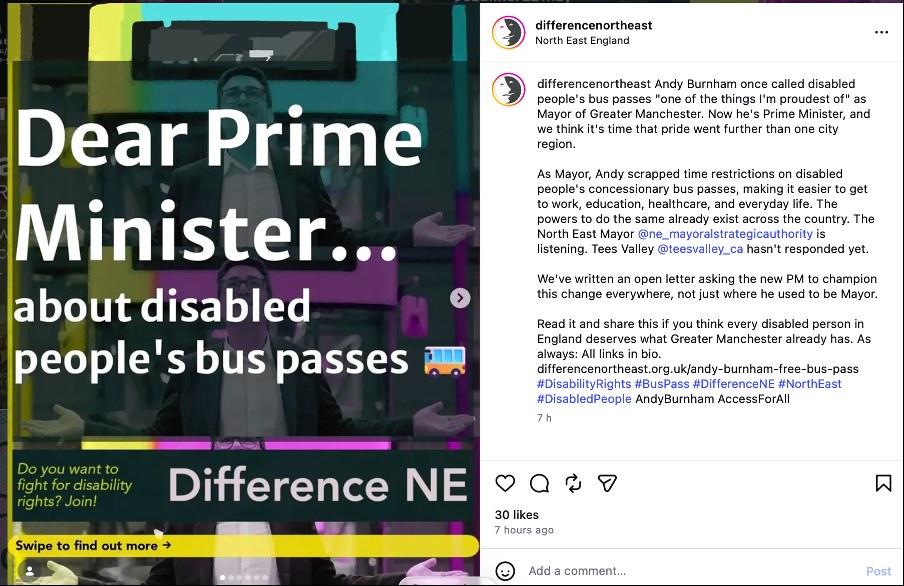Screenshot of Difference North East social media post calling on the new Prime Minister to extend all-day bus passes for disabled people.