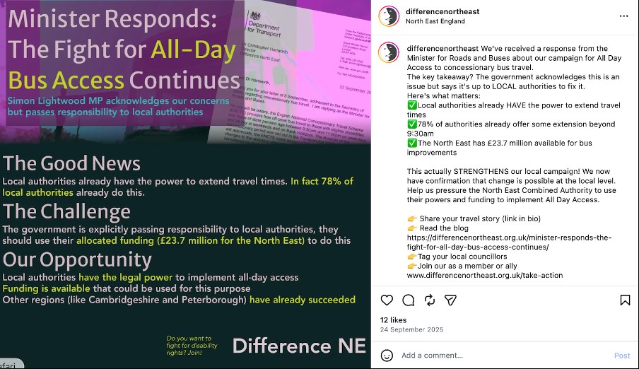 Screenshot of Difference North East social media post about the government's response to the all-day bus pass campaign.